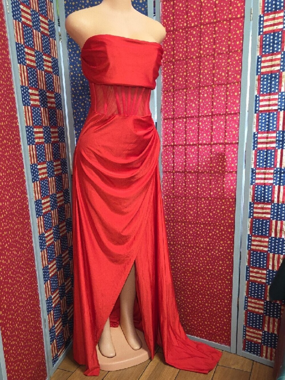 Fashion Nova Strapless Red Draped High-Low Gown - Picture 2 of 6